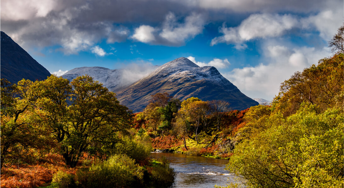 Irish landscape showing river, trees and mountains