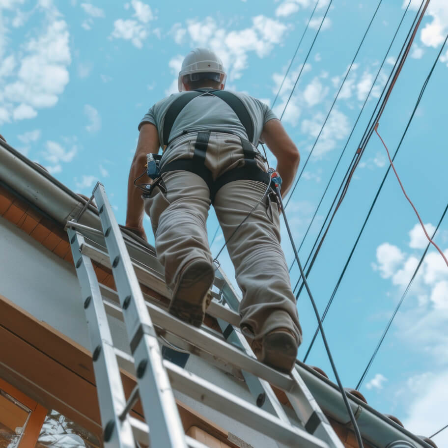 Man on a ladder with his head near overhead wires