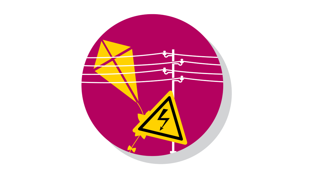 Icon illustrating never fly a kite or drone near overhead wires