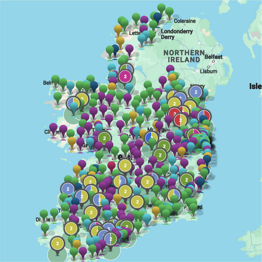 Map of Ireland showing areas that are suitable to install generators.