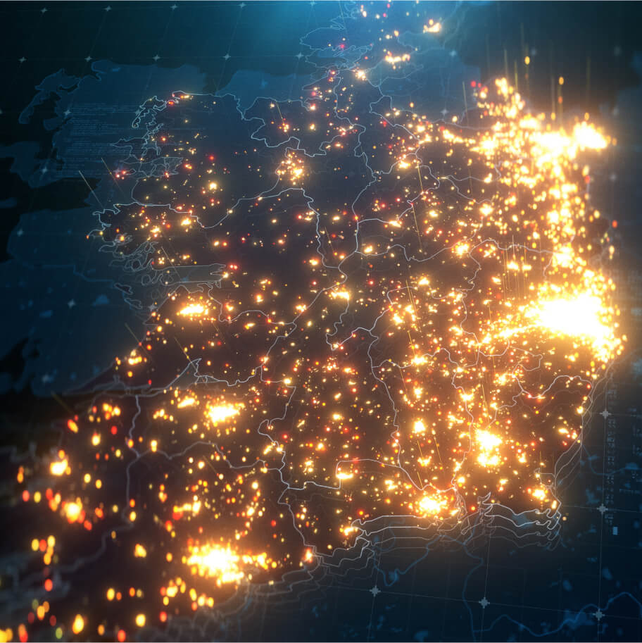 Map of Ireland with lights indicating population hubs