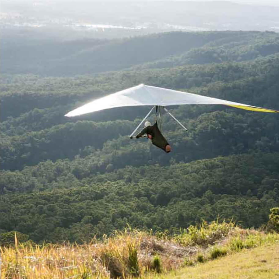 An individual hang gliding above a forest