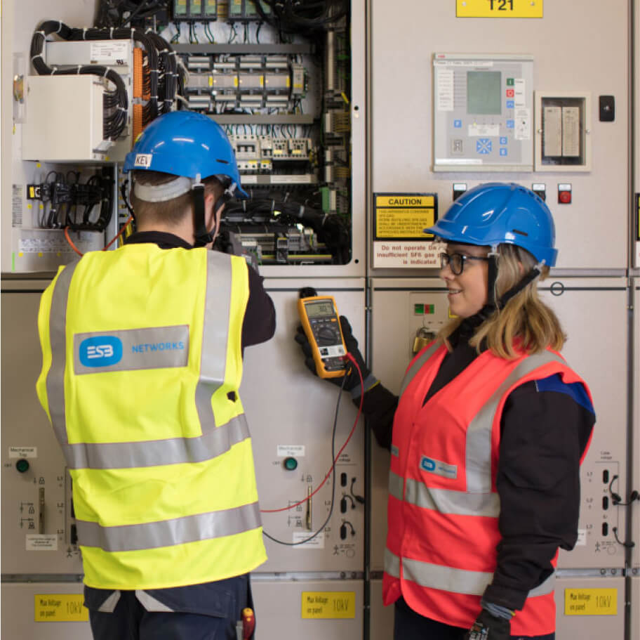 Technicians standing near electrical equipment