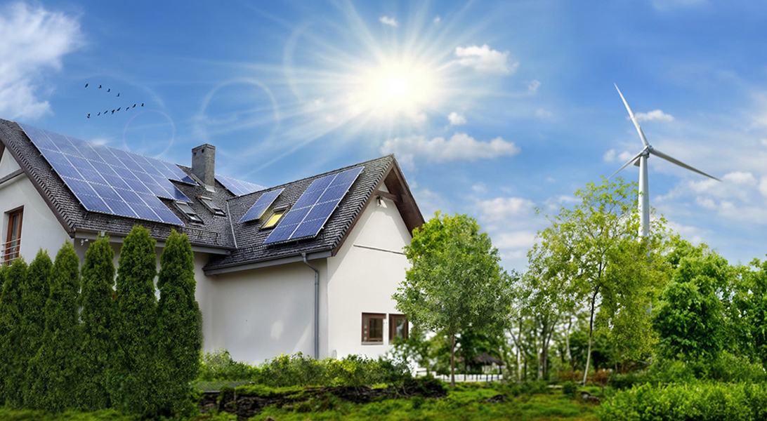 A house with solar panels.